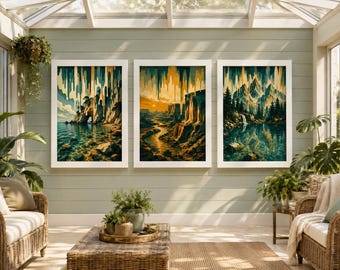 Framed Surreal Landscape Wall Art, Melting Paint Drip Mountain Coastal Desert Prints, Retro Nature Decor, Canyon Lake Poster A5 A4 A3