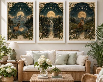 Celestial Moon Phase Wall Art, Fox Stag Waterfall Prints, Vintage Botanical Nature Decor, Cottagecore Dark Academia, Framed A5 A4 A3