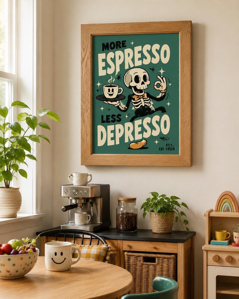 May include: A framed wall art print featuring a cartoon skeleton wearing a bow tie, holding a coffee cup on a tray, with the text MORE ESPRESSO LESS DEPRESSO and EST 1928 printed in cream against a dark green background with small star accents.