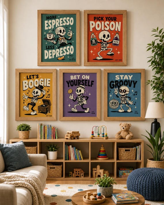 Retro Skeleton Wall Art Set, Vintage Funny Posters, Skeleton Print, Coffee Bar Decor, Disco Wall Art, Rubberhose Home Decor, Cute Gothic