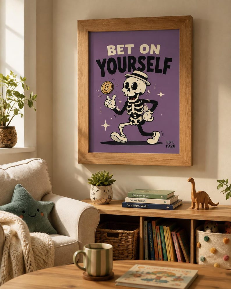 May include: A framed wall art print featuring a cartoon skeleton wearing a hat, holding a gold coin, and walking against a purple background. The text reads BET ON YOURSELF and EST. 1928. The print is enclosed in a light brown wooden frame.
