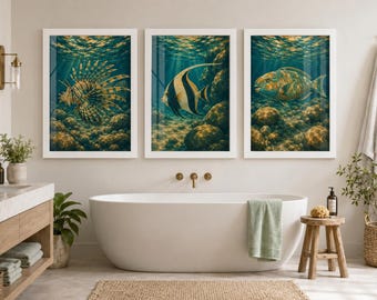 Framed Tropical Fish Wall Art, Lionfish Moorish Idol Parrotfish Prints, Marine Life Decor, Coastal Bathroom Art A5 A4 A3