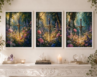 Framed Fantasy Sword Wall Art, Enchanted Forest Floral Print, Medieval Cottagecore Decor, A5 A4 A3
