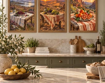 Framed Fruit Landscape Wall Art, Cherries Grapes Blood Orange Prints, Mediterranean Kitchen Decor, Colourful Still Life Art