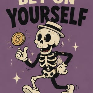 May include: A graphic illustration on a purple background featuring a cartoon skeleton wearing a hat, walking while holding a gold coin. The text reads BET ON YOURSELF at the top and EST. 1928 at the bottom right, surrounded by small star accents.