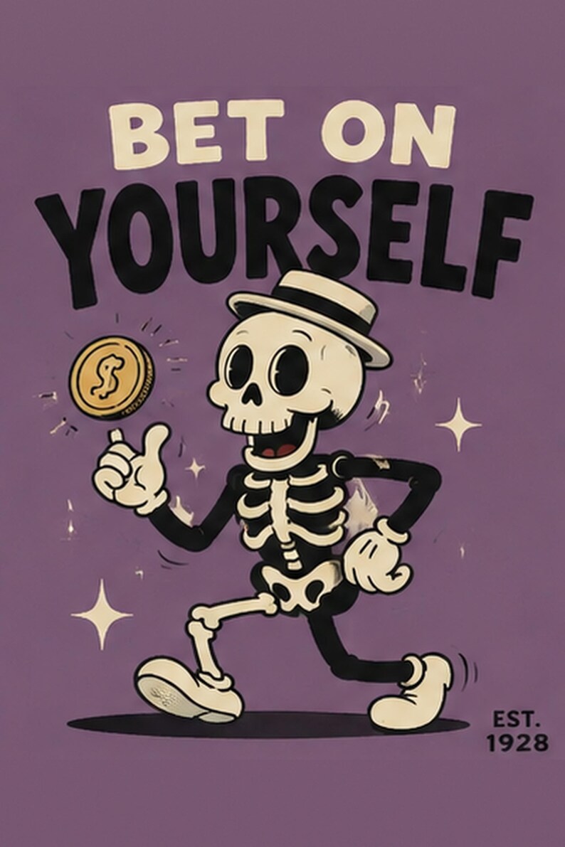 May include: A graphic illustration on a purple background featuring a cartoon skeleton wearing a hat, walking while holding a gold coin. The text reads BET ON YOURSELF at the top and EST. 1928 at the bottom right, surrounded by small star accents.