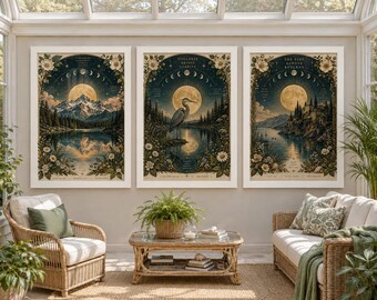 Celestial Moon Phase Wall Art, Vintage Botanical Nature Poster Set, Cottagecore Landscape Prints, Dark Academia Decor, Framed A5 A4 A3