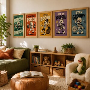 May include: Five framed rectangular wall art prints featuring cartoon skeletons in various colors. The posters display the text: More Espresso Less Depresso, Pick Your Poison, Let's Boogie, Bet On Yourself, and Stay Groovy, each with unique graphics.