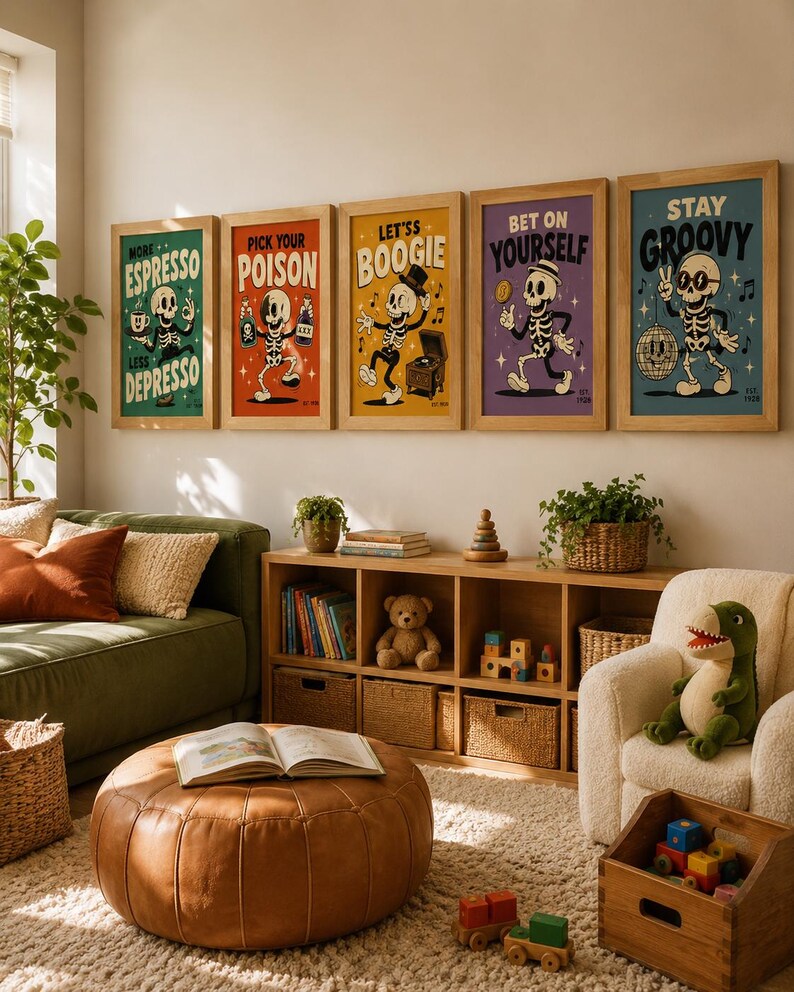 May include: Five framed rectangular wall art prints featuring cartoon skeletons in various colors. The posters display the text: More Espresso Less Depresso, Pick Your Poison, Let's Boogie, Bet On Yourself, and Stay Groovy, each with unique graphics.