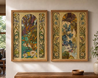 Alphonse Mucha Fouquet Stained Glass Framed Wall Art, Art Nouveau Botanical Panel, Dragonfly & Water Lily Print, A5 A4 A3, Vintage Decor