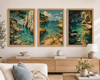 Framed Mediterranean Coastal Wall Art, Turquoise Sea Cove Print, Summer Beach House Decor, A5 A4 A3
