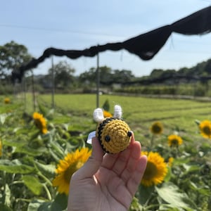 Könnte beinhalten: Ein kleines, rundes, gehäkeltes Bienenspielzeug mit horizontalen gelben und schwarzen Streifen, zwei weißen Garnflügeln auf der Oberseite und zwei kleinen schwarzen Kunststoffaugen. Die Biene ist aus strukturiertem Garn gefertigt.