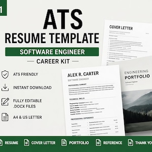 May include: An ATS resume template career kit by KARARO featuring a software engineer resume, cover letter, reference page, thank you letter, resignation letter, and engineering portfolio. Includes 60 editable .docx files in A4 and US letter sizes.