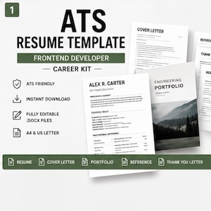 May include: An ATS resume template career kit for a frontend developer, including a resume, cover letter, and engineering portfolio. The documents feature black text on white paper, with icons for ATS friendly, instant download, and editable files.