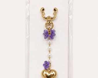 Gold Heart Charm with Purple Flowers Keychain