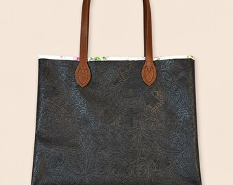 Faux Leather Embossed Tote Bag With Floral Lining  – Handmade Everyday Carryall