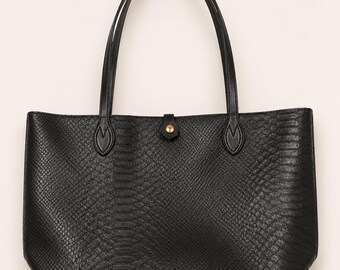Embossed Faux Leather Tote Bag with Snap – Handmade Everyday Carryall