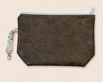 Leather Zipper Pouch with Wristlet strap