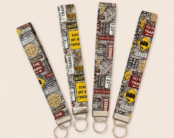 Railroad Wristlet key Fob - Handmade Fabric Keychain