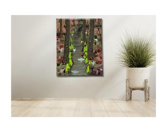 Oryginalny, ręcznie malowany akrylowy obraz przedstawiający las, 10” x 8”, „Pszczoły, drzewa, paprocie i wróżki”, Cottagecore Art, zawiera certyfikat C.O.A.