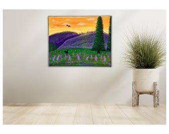 Oryginalny, ręcznie malowany akrylowy obraz pejzażowy 8” x 10” „Dzień wśród lawendy”, sztuka teksturowana, zawiera certyfikat C.O.A.