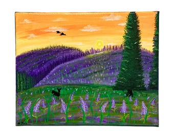 Origineel acrylschilderij van een lavendellandschap, 8x10 inch, met textuur (inclusief echtheidscertificaat).