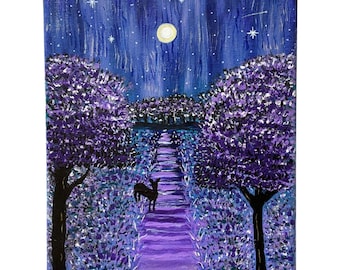 Handgeschilderd origineel acryl landschapsschilderij 10 x 8 cm Jacarandabos Avondkunst, Paars kunstwerk - Certificaat van echtheid