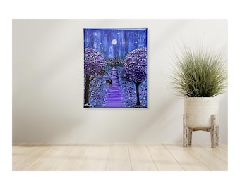 Oryginalny, ręcznie malowany akrylowy obraz pejzażowy 10” x 8” „Jacaranda Evening”, sztuka leśna, fioletowe dzieło sztuki, zawiera certyfikat C.O.A.