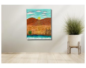 Oryginalny, ręcznie malowany akrylowy obraz przedstawiający pustynię południowo-zachodnią, 10” x 8” „Sunny Sienna”, sztuka teksturowana, zawiera certyfikat C.O.A.
