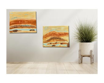 Zestaw dwóch oryginalnych, ręcznie malowanych akrylowych obrazów pejzażowych z motywem południowo-zachodniego zachodu, 8" x 10" „Fond Desert Reflections 1 & 2”, w tym C.O.A.