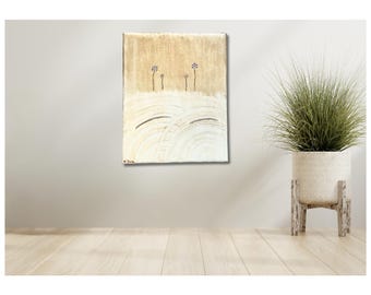 Oryginalny, ręcznie malowany obraz akrylowy o fakturze 10" x 8", „Beżowe pagórki”, sztuka minimalistyczna, w zestawie certyfikat C.O.A.