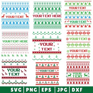Puede incluir: Una colección de nueve patrones gráficos digitales con motivos navideños como renos, pinos, copos de nieve y bordes geométricos en rojo, verde y azul. Cada diseño cuadrado incluye el texto de marcador de posición YOUR TEXT.