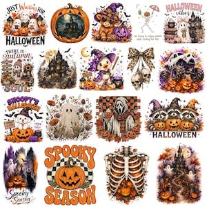 Może przedstawiać: Kolekcja cyfrowych ilustracji o tematyce Halloween przedstawiająca duchy, dynie, nawiedzone domy, szkielety i zwierzęta w kostiumach. Projekty zawierają napisy takie jak Just Waiting for Halloween, Halloween Vibes i Spooky Season.