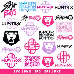 May include: A collection of digital graphic logos featuring the text Saja Boys, K-Pop Demon Hunters, and Huntrax. The designs include stylized lion head icons, geometric line patterns, and various typography styles in shades of pink, black, and purple.