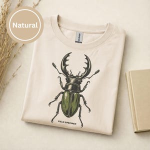 May include: A natural-coloured t-shirt featuring a detailed graphic of a stag beetle with large mandibles. The beetle has a dark head and olive green wing covers. Below the insect, the text reads "FIELD SPECIMEN" in a clean, black font.