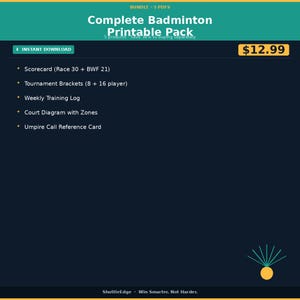 May include: A digital bundle of five printable badminton documents featuring a scorecard, tournament brackets, a training log, a court diagram, and an umpire reference card. The dark blue and teal graphic includes the text Complete Badminton Printable Pack.