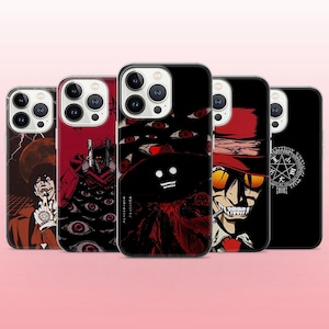 Może przedstawiać: Kolekcja pięciu etui na smartfony z grafikami postaci z anime Hellsing. Etui prezentują ciemne, czerwone i czarne ilustracje Alucarda, w tym zbliżenia na uśmiechniętą twarz, kapelusz z szerokim rondem, liczne oczy oraz okrągłą pieczęć.