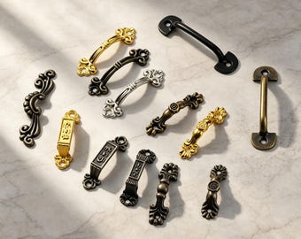 Tiradores de armario antiguos vintage, manijas de cajones, herrajes para muebles retro, pomos decorativos victorianos para cómodas, tiradores para armarios de cocina Art Déco.