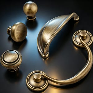 May include: A collection of antique brass-finished cabinet hardware including three distinct circular knobs with varied profiles, one arched cup pull handle, and one large drop-style bail pull handle with two circular mounting plates.