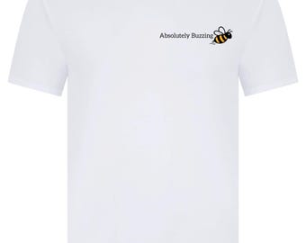 Absolutely Buzzing classic white T-shirts with hand-printed lettering inspired by our VW ID Buzz