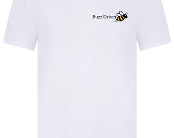 Buzz Driver classic white T-shirts with hand-printed lettering inspired by our VW ID Buzz