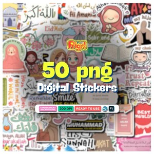 Könnte beinhalten: Eine Sammlung von 50 digitalen PNG-Aufklebern mit Illustrationen, Kalligrafie und Phrasen zum Thema Islam. Die Aufkleber zeigen Zeichentrickfiguren mit Hijab, offene Bücher, Moscheen und motivierende Texte auf einem transparenten Hintergrund.