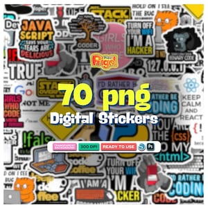 Op de afbeelding: Een verzameling van 70 digitale stickers met diverse thema's rondom coderen en programmeren. De stickers bevatten kleurrijke afbeeldingen, teksten zoals JavaScript, Python en HTML, en iconen zoals computers en katten. De tekst 70 png Digital Stickers staat in het geel en wit gecentreerd over de collage.