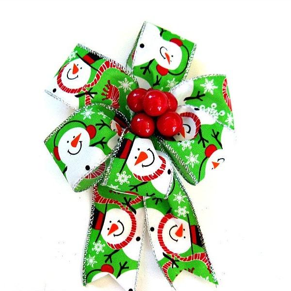 Snowman gift bow, Red Christmas berry gift bow, Small bow for Christmas tree, Gift bow for baskets and bags, Christmas in July bow (C475)