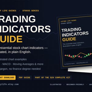 May include: A digital guide titled Trading Indicators Guide from the Lottery Life Guides Stocks Series. The cover features a stock chart illustration, text about essential indicators in plain English, and lists features like RSI, MACD, and moving averages.