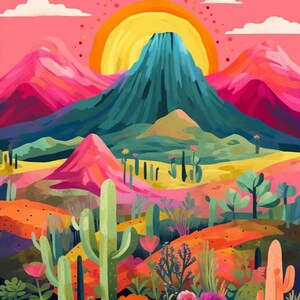 Puede incluir: Una vibrante ilustración digital de un paisaje desértico con una gran montaña central bajo un sol amarillo brillante. La escena incluye montañas rosas, colinas naranjas y amarillas, y varios cactus verdes y flores coloridas.
