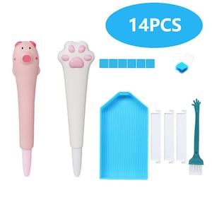 May include: A 14-piece diamond painting tool set including a pink pig-shaped stylus, a white paw-shaped stylus, a blue grooved tray, three clear rectangular covers, a small blue square wax block, six blue adhesive squares, and a green brush tool.
