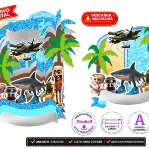 Può includere: Set di decorazioni digitali per torte con uno squalo che indossa scarpe da ginnastica blu, un coccodrillo che pilota un aereo, palme e vari personaggi. Include accenti blu glitterati, uno striscione bianco vuoto e etichette che indicano il download digitale e la compatibilità con i plotter da taglio.