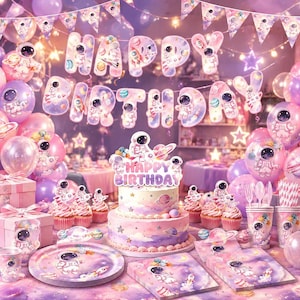 Pink Space Astronaut Birthday Party Decor Kit,  Pastel Planet Rocket Banner Balloon Cake Topper,  Space Themed Birthday Party Decorations