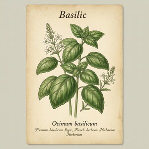 Puede incluir: Una lámina botánica sobre papel envejecido con una ilustración detallada de una planta de albahaca verde con flores blancas. El texto Basilic aparece en la parte superior, y Ocimum basilicum, Fremum basilicum Regic, French herbrum Herbarium, Herberium abajo.